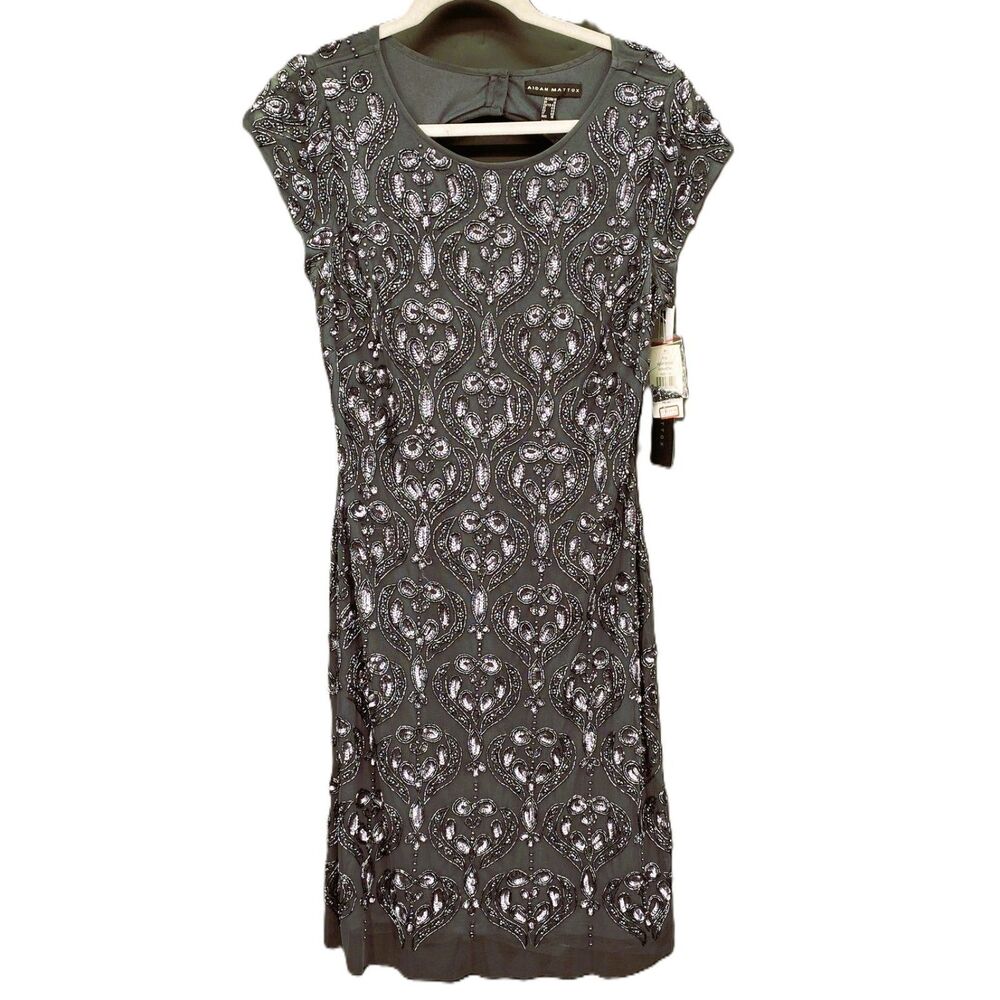 Aidan Mattox NWT Gunmetal Gray Beaded Sequin Cap Sleeve Formal Dress 14